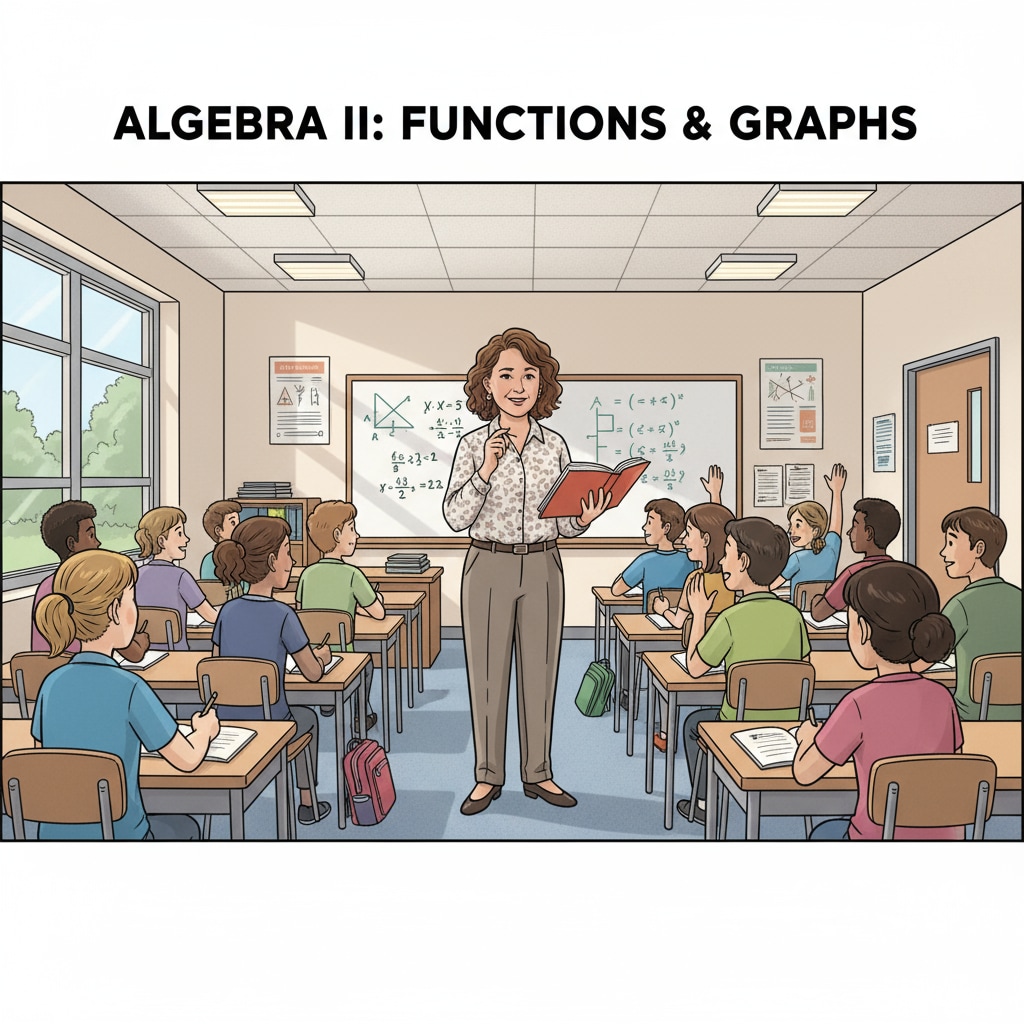 A high school math teacher standing in front of a classroom full of students, looking thoughtful A high school math teacher considering educational master's specialization related to educational leadership, curriculum design, and career development