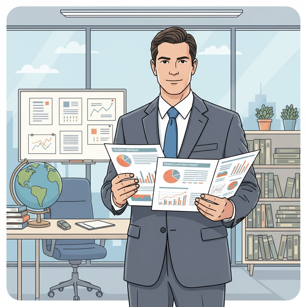 A person in a suit, standing in an office, looking at educational reports A person in an administrative role related to educational leadership, curriculum design, and career development