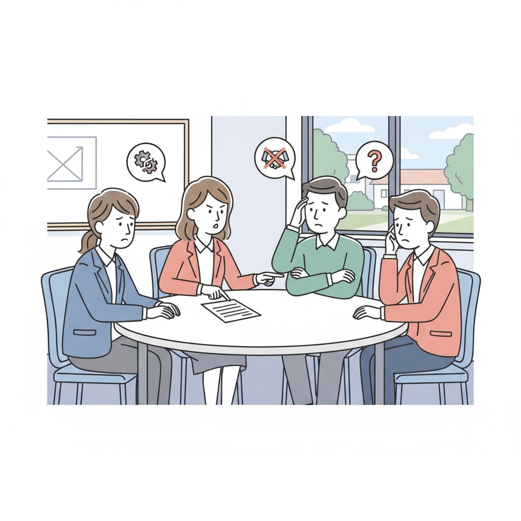 A group of teachers are engaged in a discussion. Some of them have serious expressions on their faces, suggesting potential conflicts among them, which is related to the interpersonal issues in the work environment. Teachers in a potentially conflict - ridden discussion related to work environment and management dilemmas