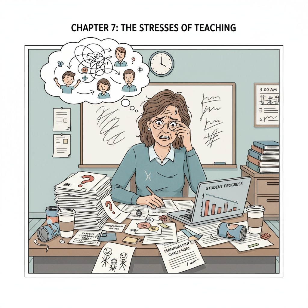 A teacher is sitting at a desk with a stressed - out look. Papers are scattered around, indicating the possible stress factors that could contribute to interpersonal problems and management dilemmas. A stressed teacher potentially causing interpersonal issues and related management dilemmas
