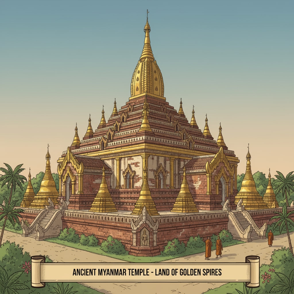 An ancient Myanmar temple with golden spires stands majestically, showing the grandeur of the country's architecture and the significance of gold in its cultural heritage. An ancient Myanmar temple with golden spires representing the country's cultural heritage