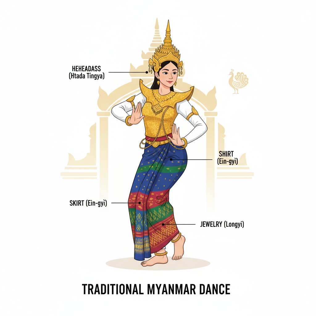 A traditional Myanmar dancer in colorful attire performs a graceful dance, demonstrating the rich cultural art forms of Myanmar. A traditional Myanmar dancer showcasing the country's cultural heritage