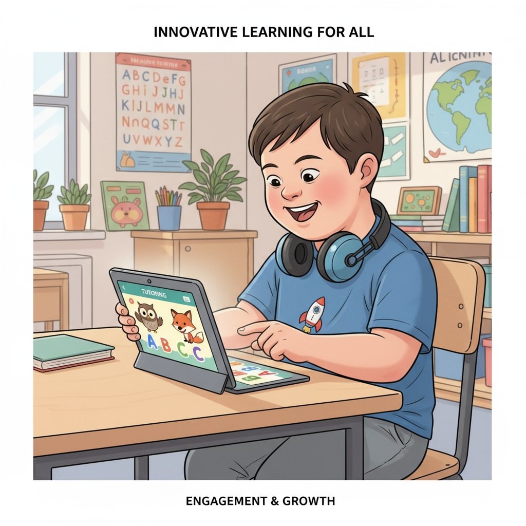 A child with special needs is using a tablet to interact with a tutoring app, showing engagement in learning. A child with special needs using a tutoring app for learning