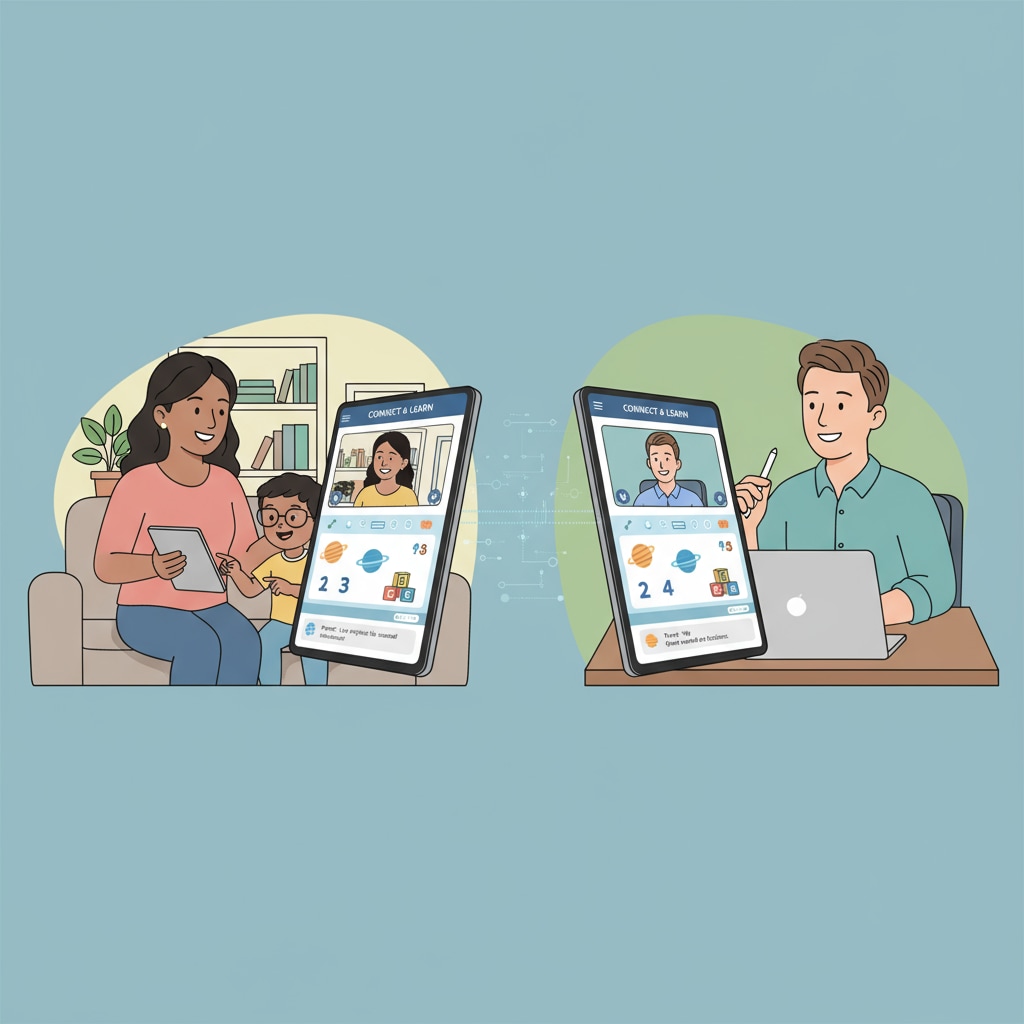 A parent and a special education tutor are seen communicating through a tutoring app interface, highlighting the digital connection. Parent and special education tutor communicating via a tutoring app