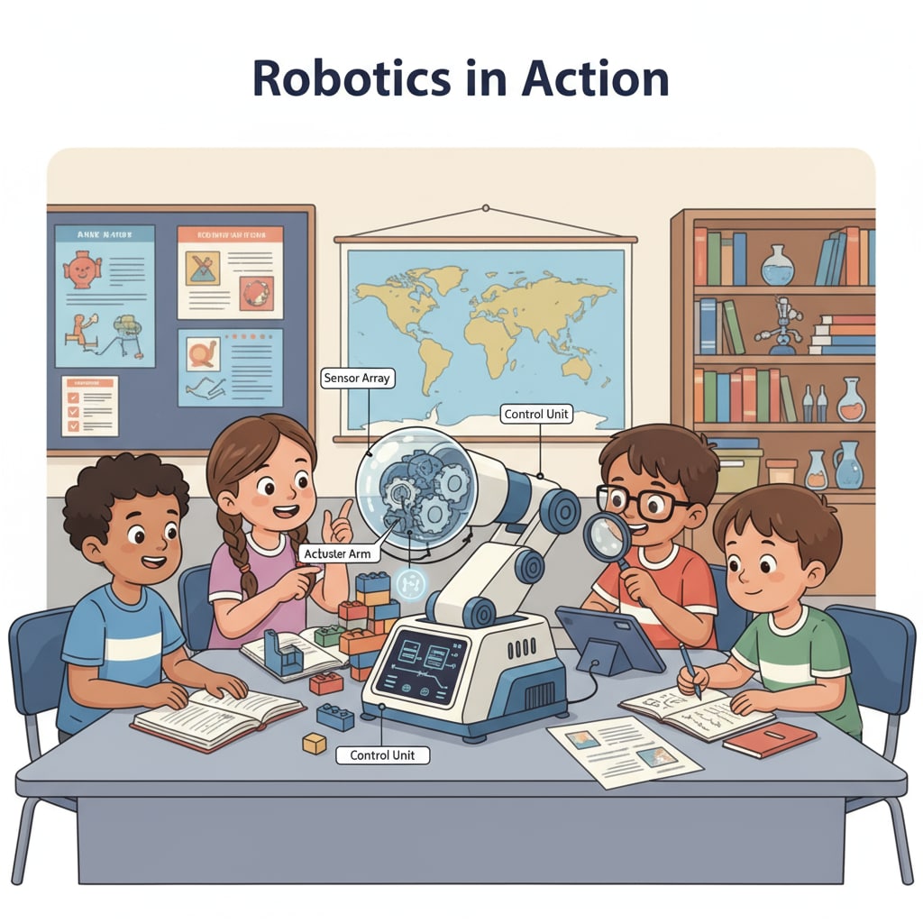 A group of students in a classroom are gathered around a robotic device, observing its functions with curiosity. Filipino students exploring robotics in a classroom setting related to robotics education and the dream of studying abroad with potential financial implications of student loans