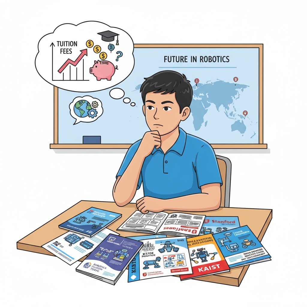 A young Filipino student is sitting at a desk, surrounded by brochures of different international universities that have robotics programs. The student has a thoughtful expression, considering the options and the financial aspects involved. Filipino student considering international robotics education programs with awareness of studying abroad and associated student loan challenges