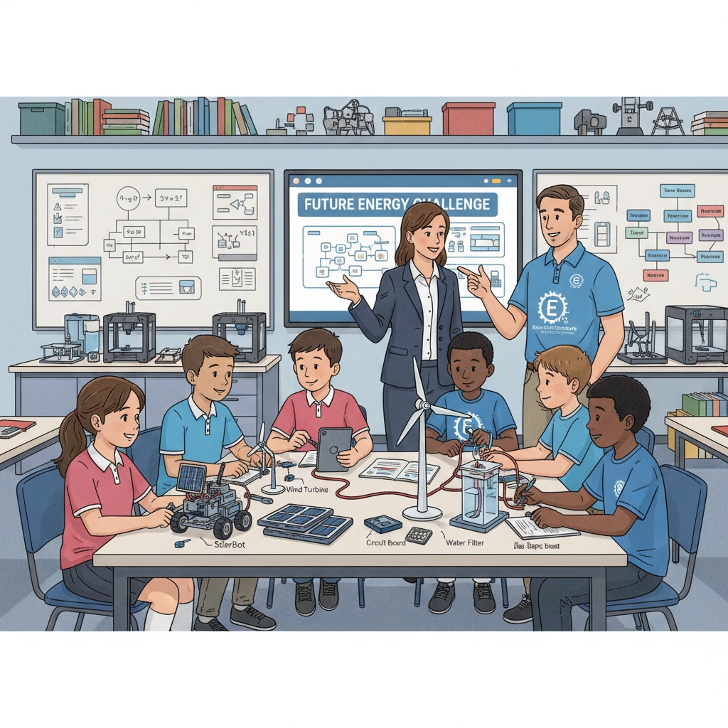 Students collaborating on a STEM project in a classroom, with representatives from an organization and an enterprise observing and guiding. STEM education partnership in a classroom setting for curriculum development