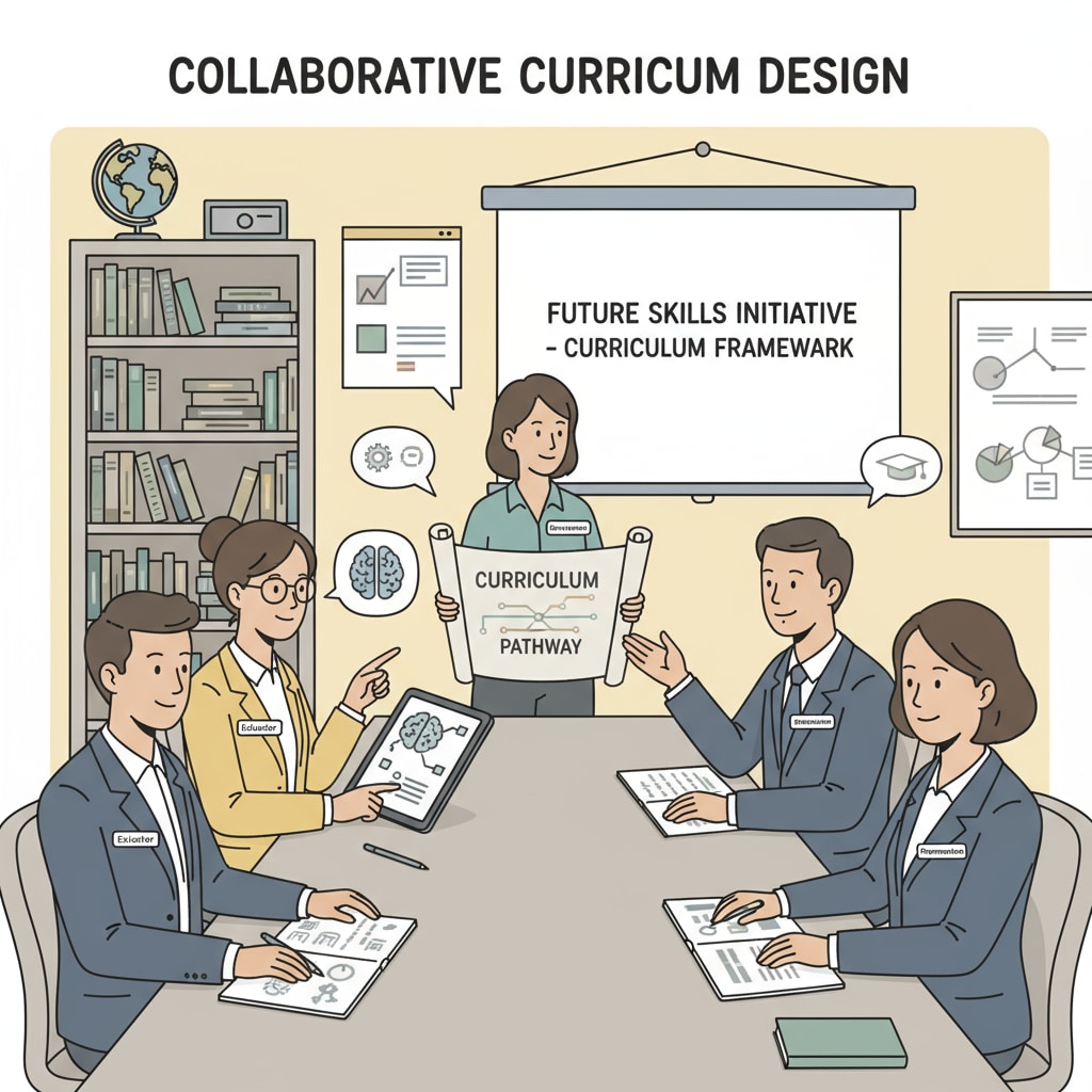 A group of educators, representatives from an organization, and an enterprise discussing curriculum development. Collaboration among schools, organizations, and enterprises for STEM curriculum development