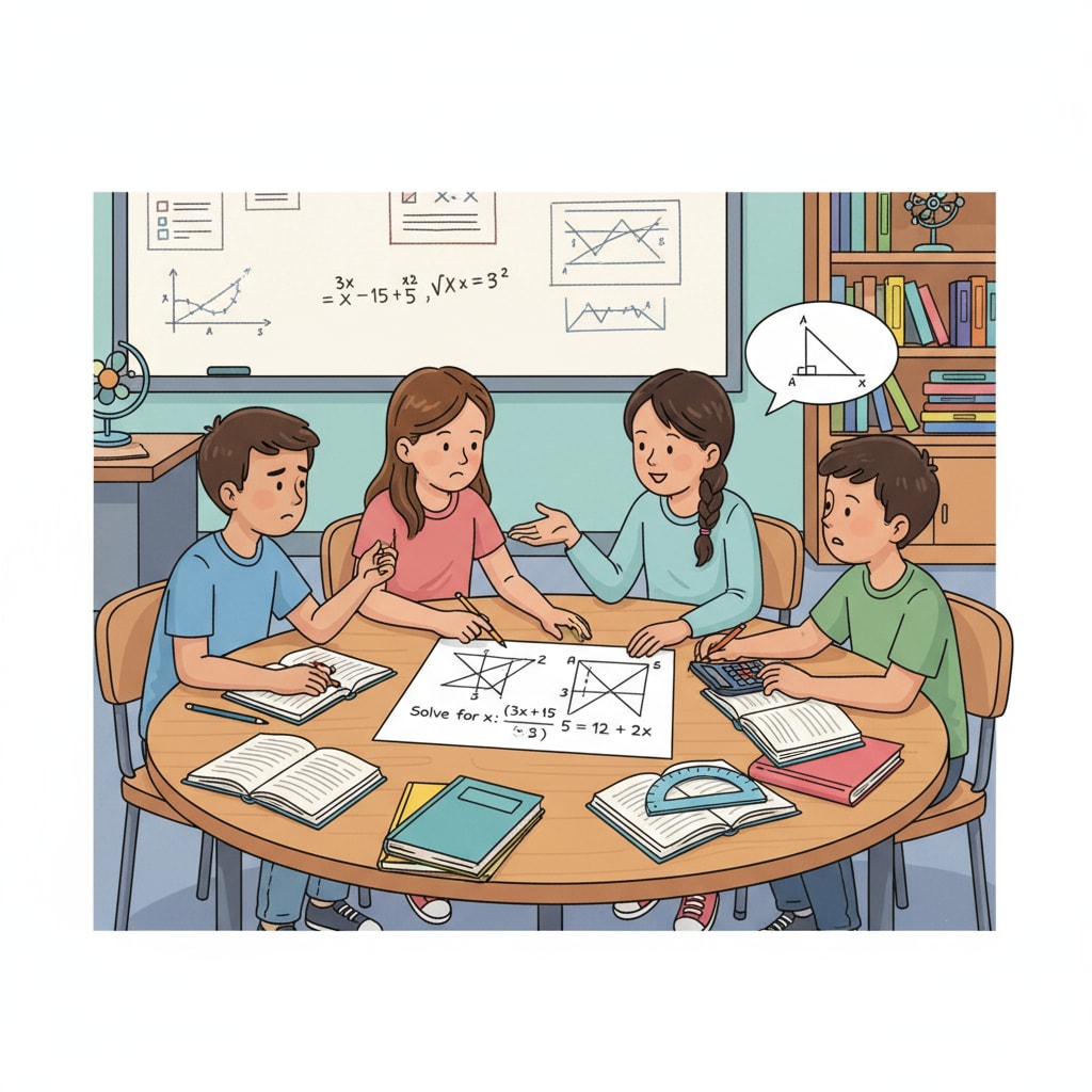 A classroom scene with students sitting around a table, discussing a math problem written on a piece of paper. Fourth graders discussing negative number concepts in a classroom