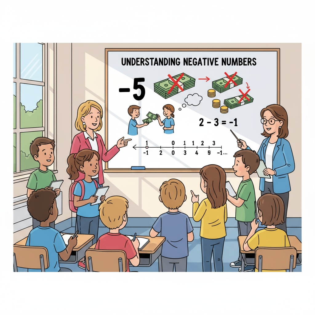 Students are gathered around a whiteboard, using pictures of money to explain negative numbers. Fourth graders using real - life examples to understand negative numbers