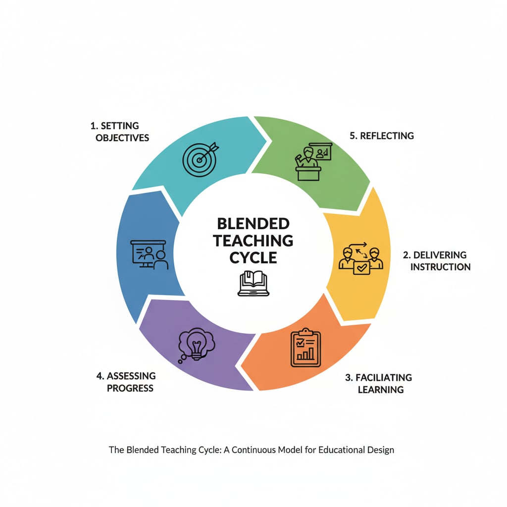 A visual representation of the five-step cyclic model of the Blended Teaching Cycle Theory, showing the sequential steps of setting objectives, delivering instruction, facilitating learning, assessing progress, and reflecting. Five-step cyclic model of the Blended Teaching Cycle Theory