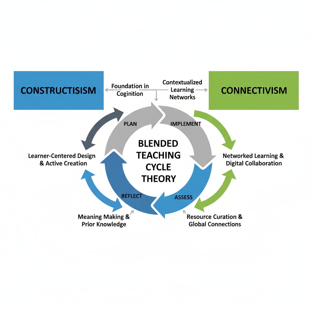 A diagram showing the relationship between constructivism, connectivism, and the Blended Teaching Cycle Theory, with arrows indicating how each theory contributes to the overall concept. Relationship between constructivism, connectivism, and the Blended Teaching Cycle Theory