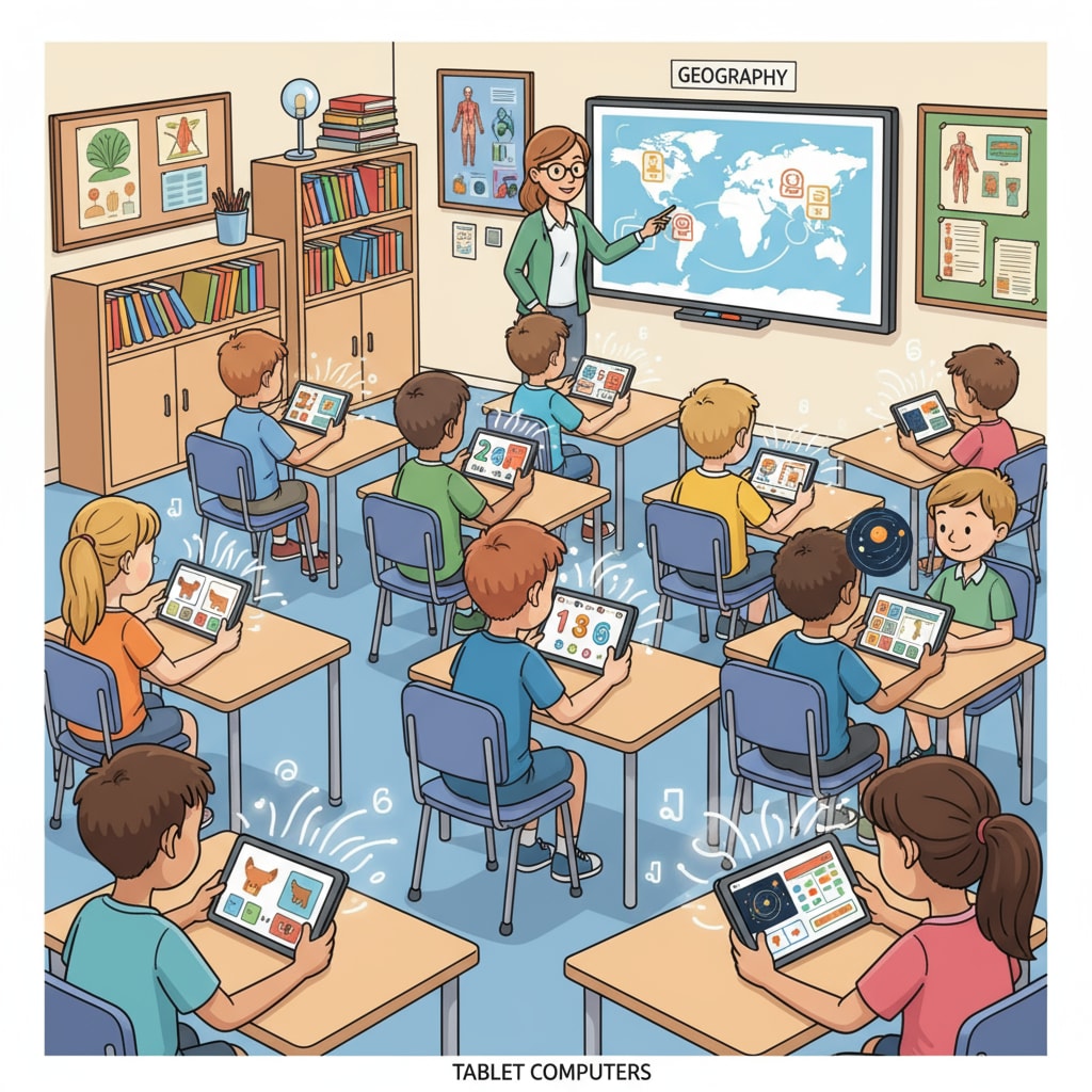 Students are actively using tablets to participate in interactive learning activities in the classroom. Students using tablets for interactive learning in the classroom to enhance educational technology and student engagement.