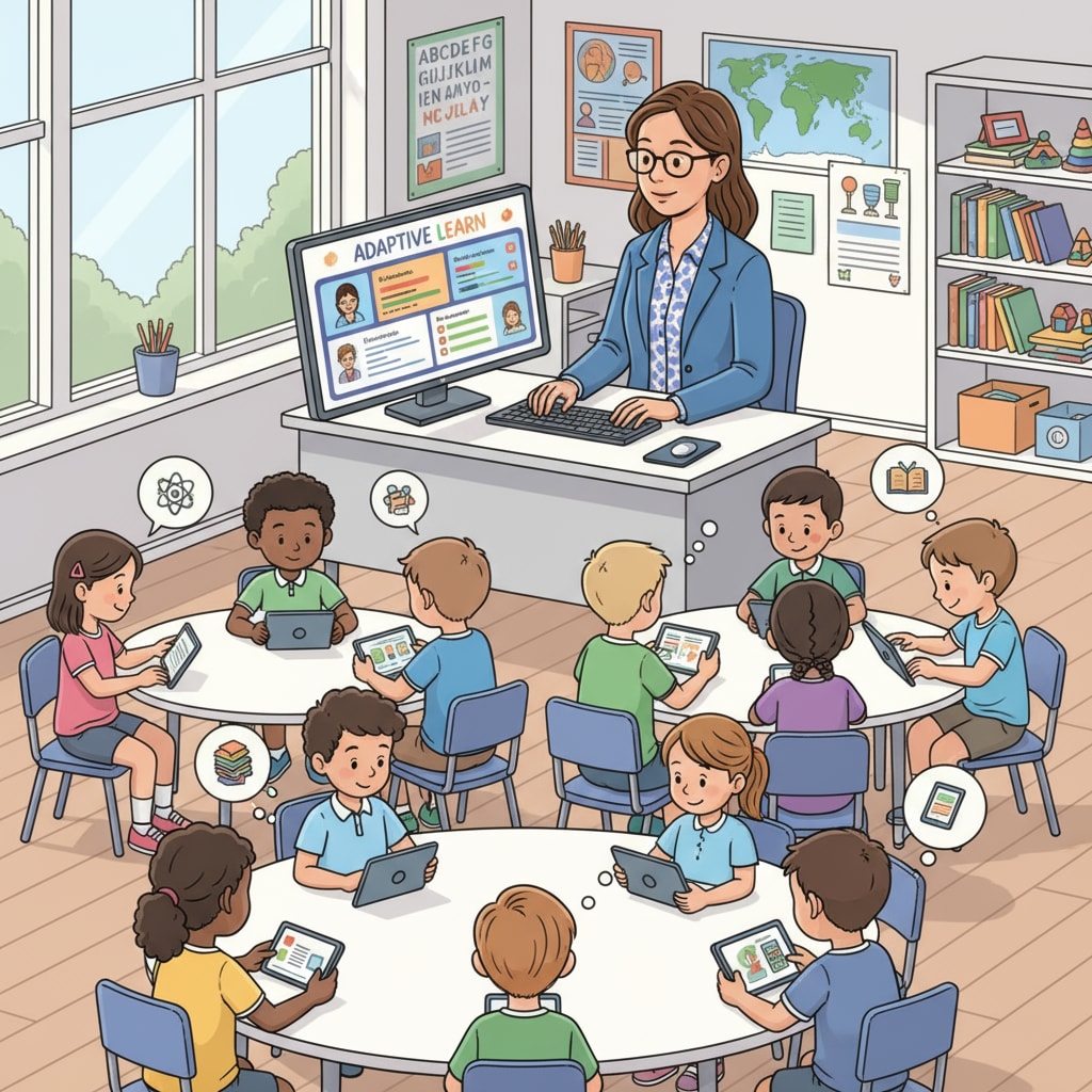 A teacher is using a computer to monitor students' progress on an adaptive learning software. A teacher using adaptive learning software to monitor students' progress related to educational technology and student engagement.