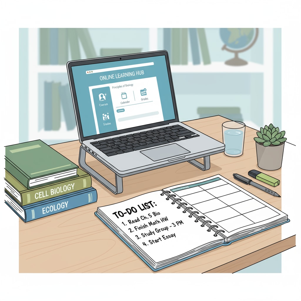 A neatly organized study desk with a laptop open to an online learning platform, books arranged beside it, and a planner with a to-do list visible. A productive study space setup for online school, promoting efficiency and minimizing procrastination while considering mental well-being.