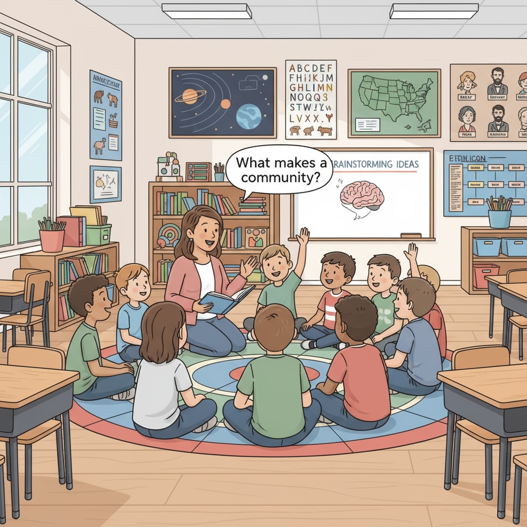 A classroom scene in the US shows students sitting in a circle, actively discussing a topic with their teacher. There are posters on the walls related to various subjects. A classroom scene in the US related to education systems, US education, Chinese education, and learning pressure