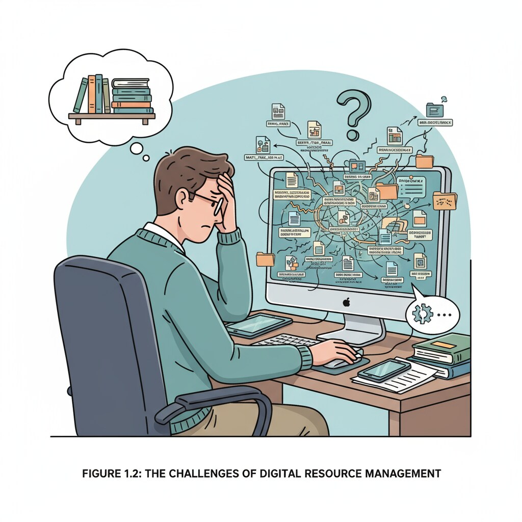 A person struggling to manage digital educational resources, related to historical charts, Facebook ads, and resource search