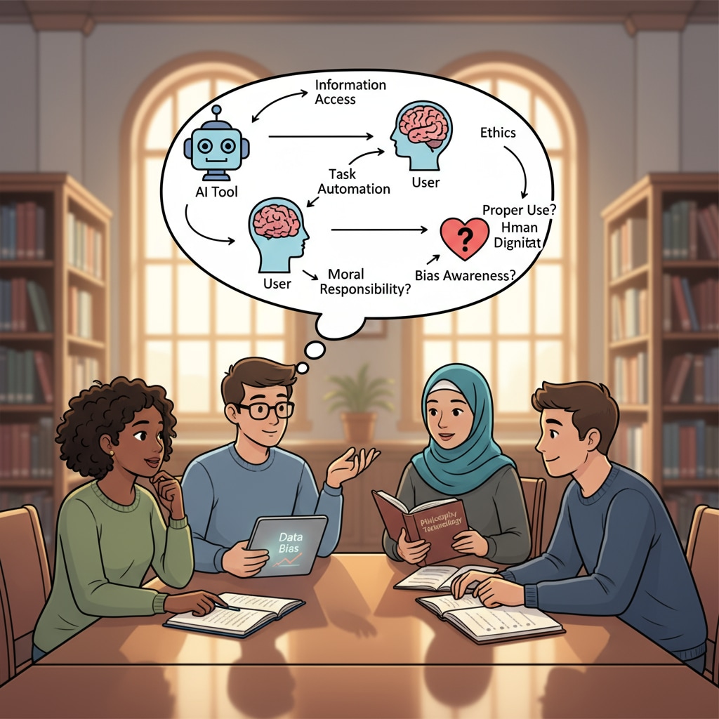 A group of students sitting around a table in a library, engaged in a discussion about the proper use of AI tools, emphasizing the moral aspect. Students discussing the moral boundaries of using ChatGPT and other AI tools in an academic context, related to academic integrity.
