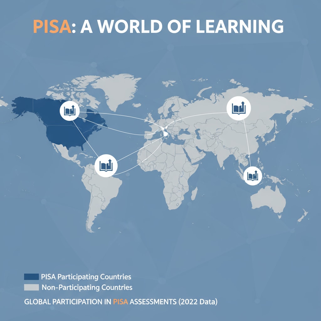 An illustration showing the global participation in PISA assessments with different countries represented Global participation in PISA assessments related to education statistics, PISA, and school data