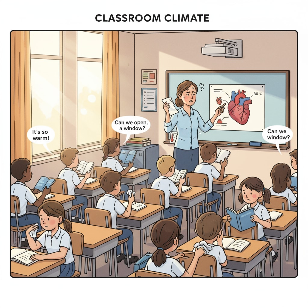 A teacher is standing in front of a classroom. The students are sitting at their desks. The teacher looks a bit uncomfortable as the room is hot. A teacher in a hot classroom lacking air conditioning, looking for suitable着装建议.