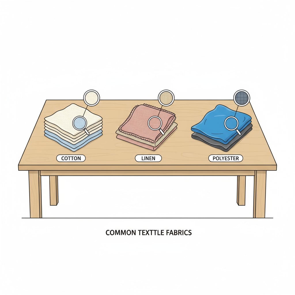 There is a display of fabric swatches on a table. The swatches include cotton, linen, and polyester. Fabric swatches for teachers to consider when choosing attire for hot classrooms without air conditioning.