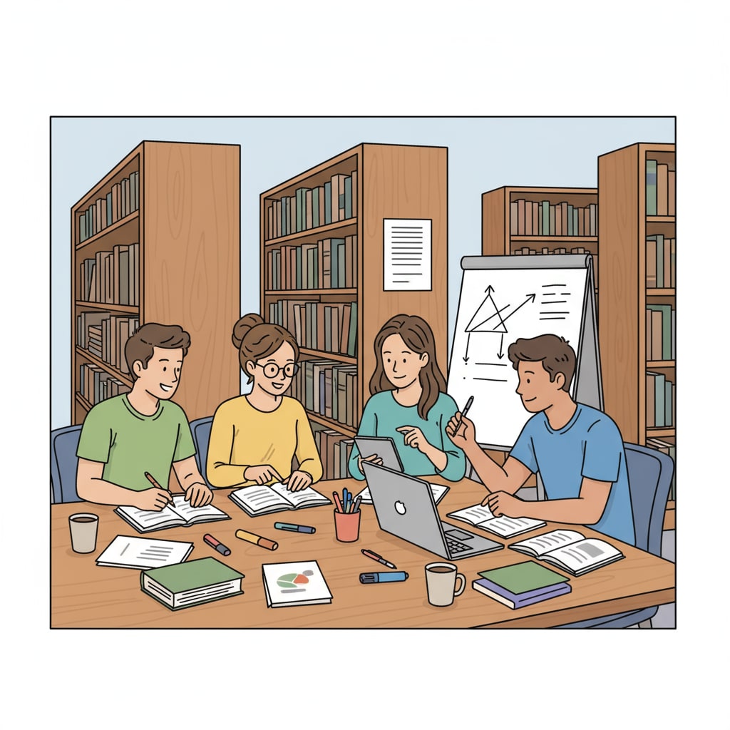 A group of students are studying together in a library, showing a collaborative learning environment. Students studying together to achieve high scores of 90%