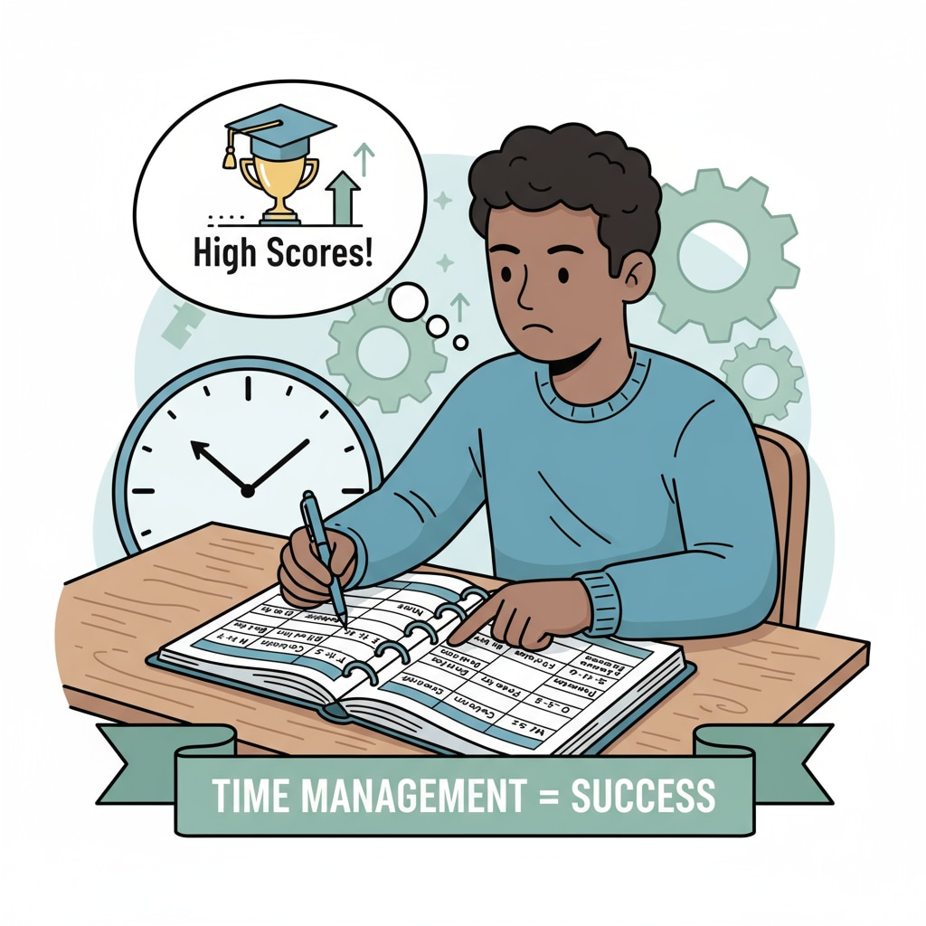 A student is using a planner to manage their study time, highlighting the importance of time management for high scores. Student using a planner to reach 90% in scores