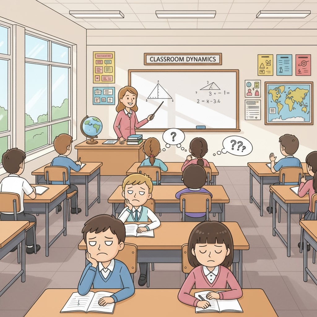 A classroom scene where students are sitting at their desks. Some students have blank expressions, indicating possible disengagement during the lesson. Classroom scene showing the reality of compulsory learning where some students seem uninterested.