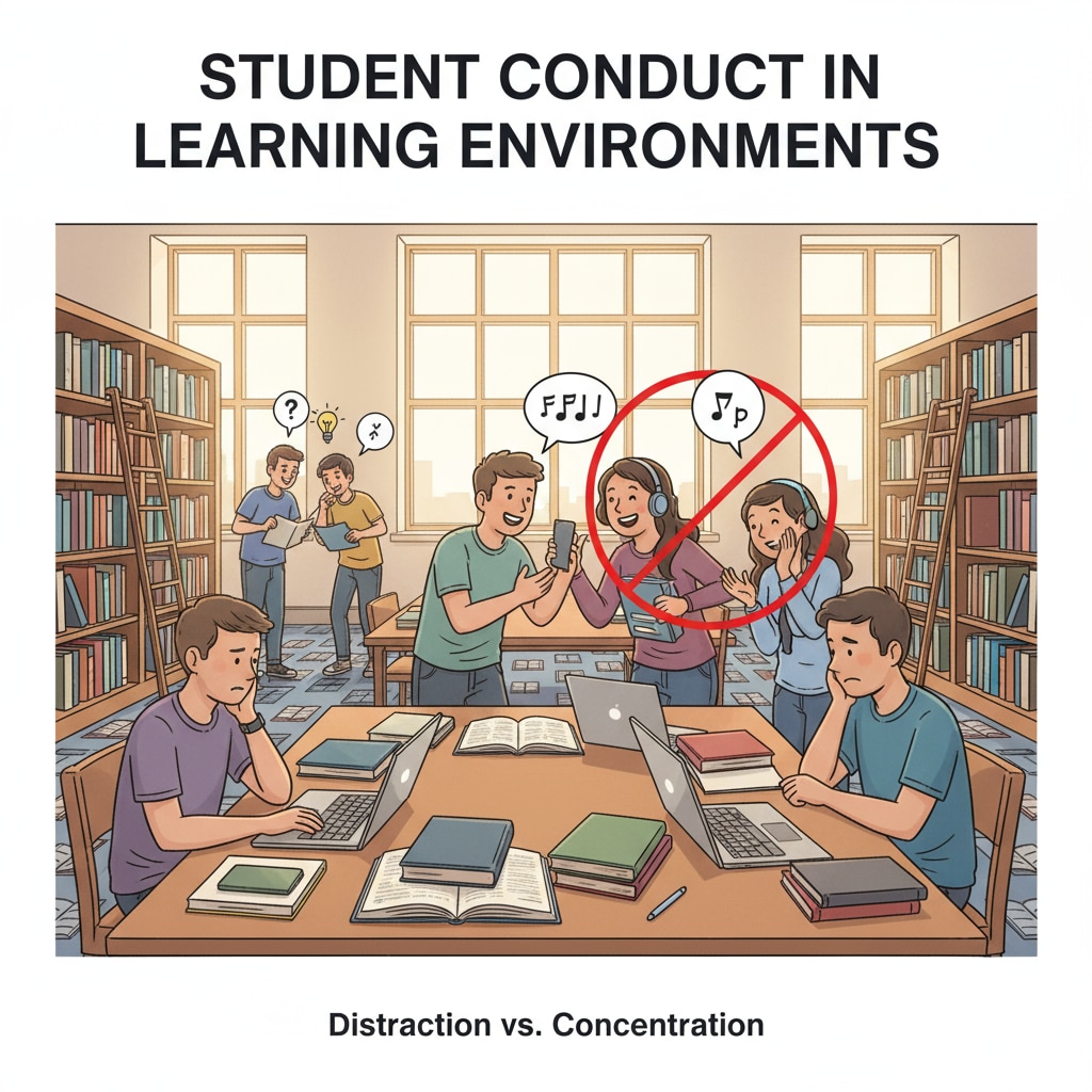 A group of students in a library setting. Some students are chatting with each other instead of focusing on their studies, highlighting issues related to student behavior in a learning environment. Students in a library not fully engaged in learning, reflecting on student behavior challenges.