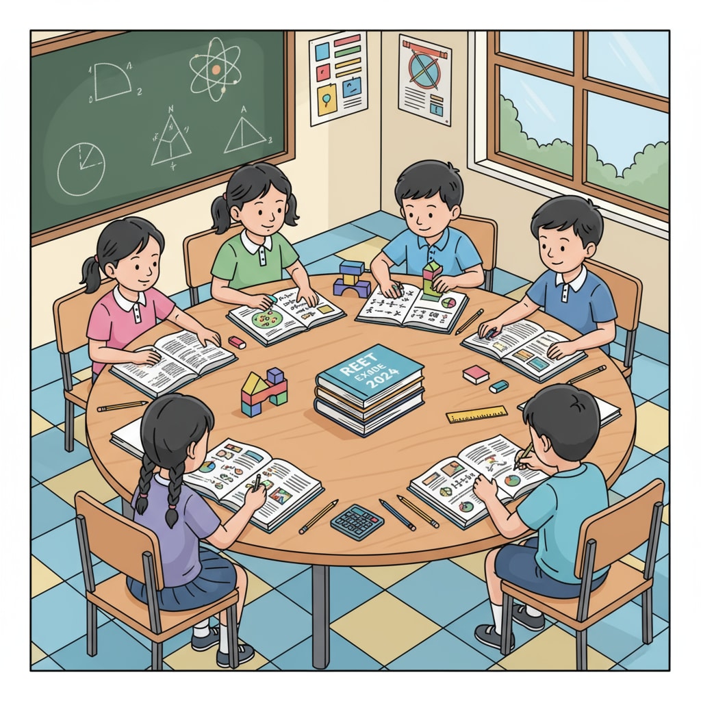 A group of third-grade students sitting around a table, looking at science and math textbooks, showing their study setup for REET exam preparation. Third-grade students studying science and math textbooks for REET exam