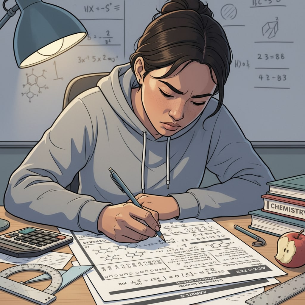 A close-up of a student concentrating on solving science and math problems on a practice test paper, highlighting the exam preparation process. Student solving science and math problems on a practice test for REET exam