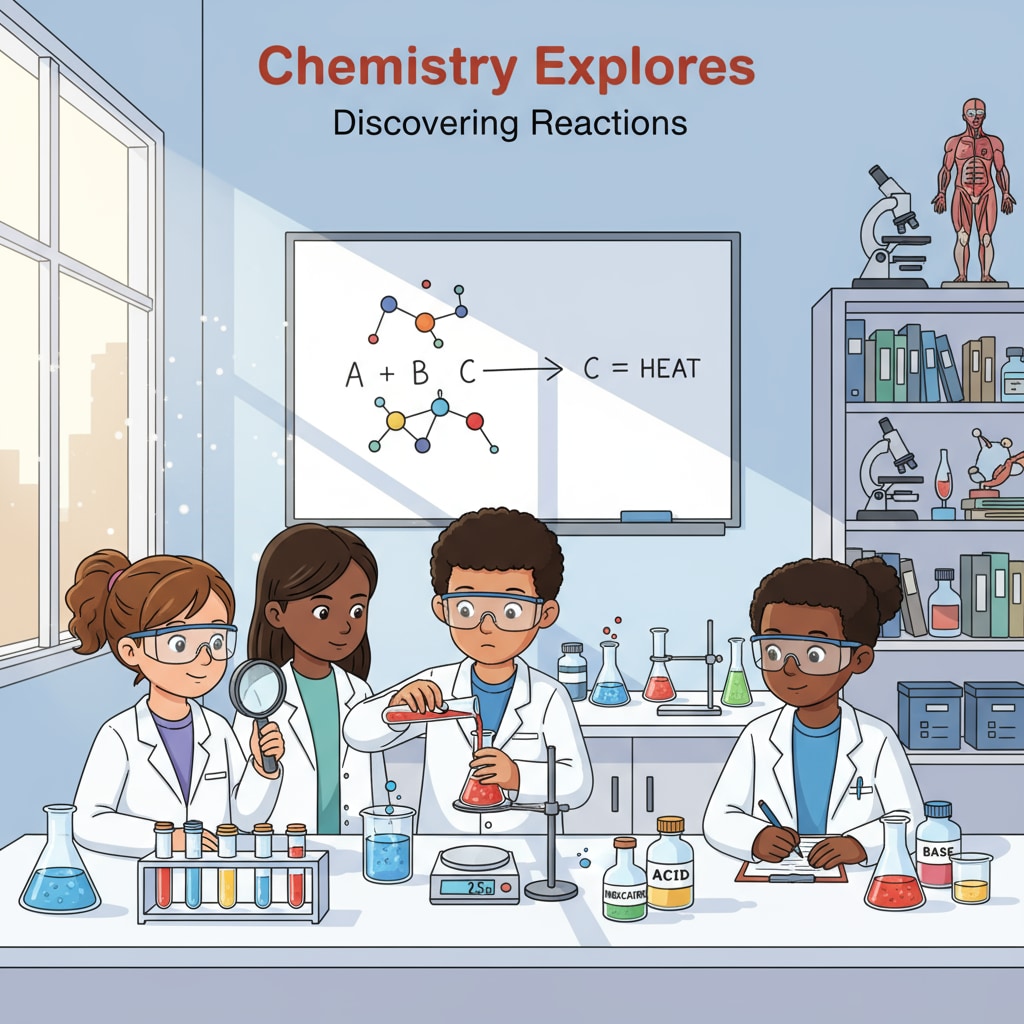 A group of K12 students are conducting a simple chemistry experiment in the laboratory. They are carefully measuring and mixing chemicals, showing curiosity and enthusiasm for chemistry. K12 students exploring chemical research with an eye on future career planning and interdisciplinary interests