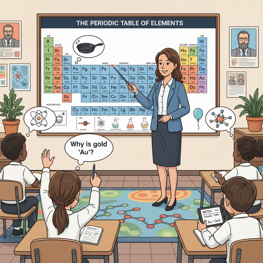 A teacher is explaining the periodic table to K12 students in a classroom. The students are attentively listening, taking notes, and asking questions, indicating their interest in learning chemistry. K12 students learning about chemical concepts as part of their journey towards career planning and interdisciplinary interests