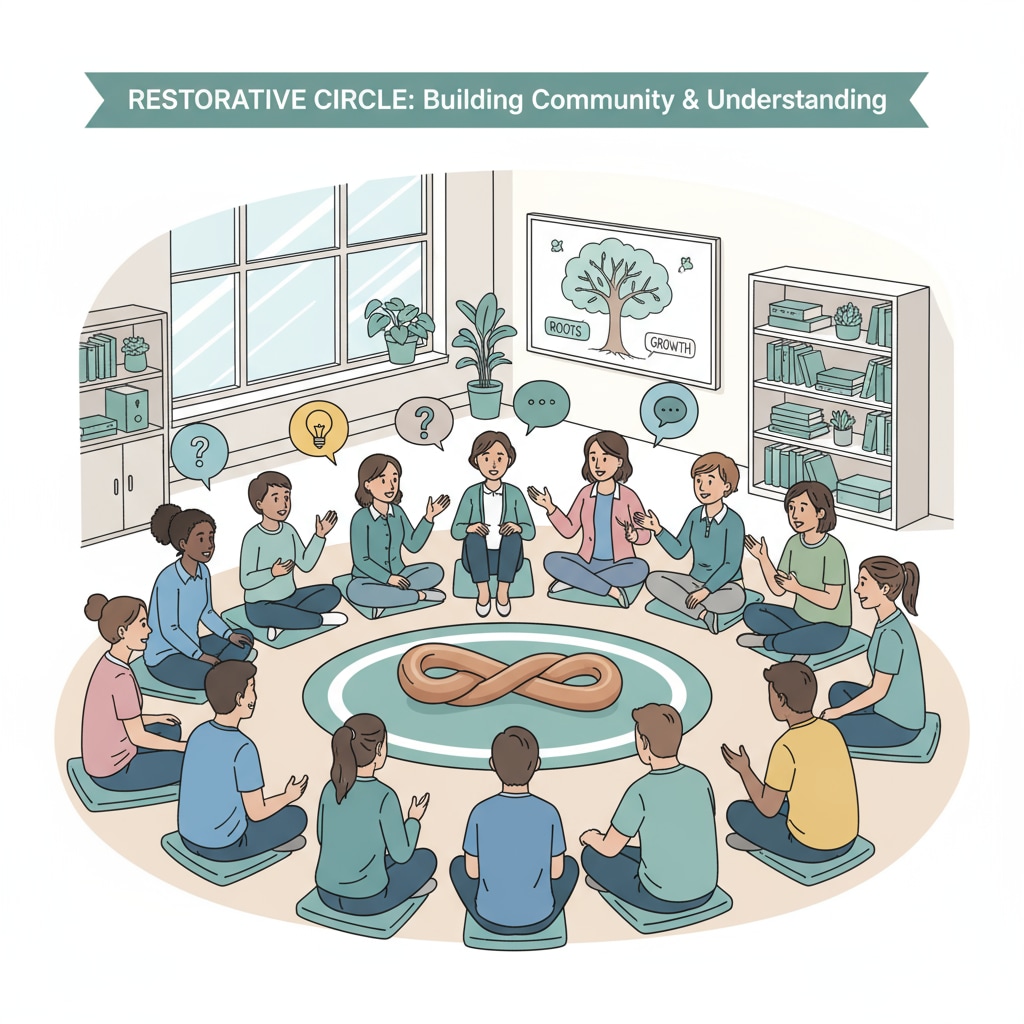 A group of students and teachers are sitting in a circle, engaged in a deep discussion. This represents the restorative practice of using circles to address issues and promote understanding. Students and teachers in a restorative practice discussion circle related to restorative discipline practices, parental demands, and school policies