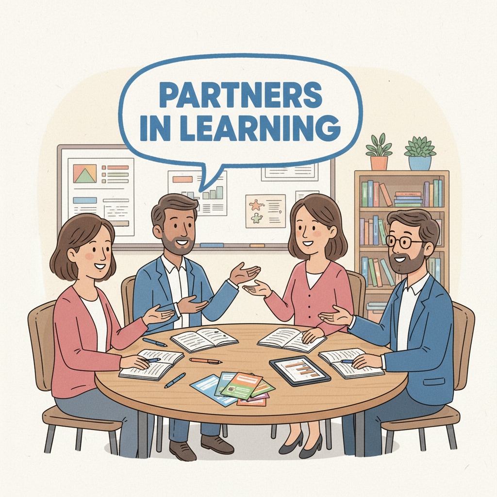 Teachers and parents are sitting around a table, smiling and having a positive conversation. The atmosphere is one of cooperation and understanding. Teachers and parents in a positive conversation about student discipline in the context of restorative discipline practices, parental demands, and school policies