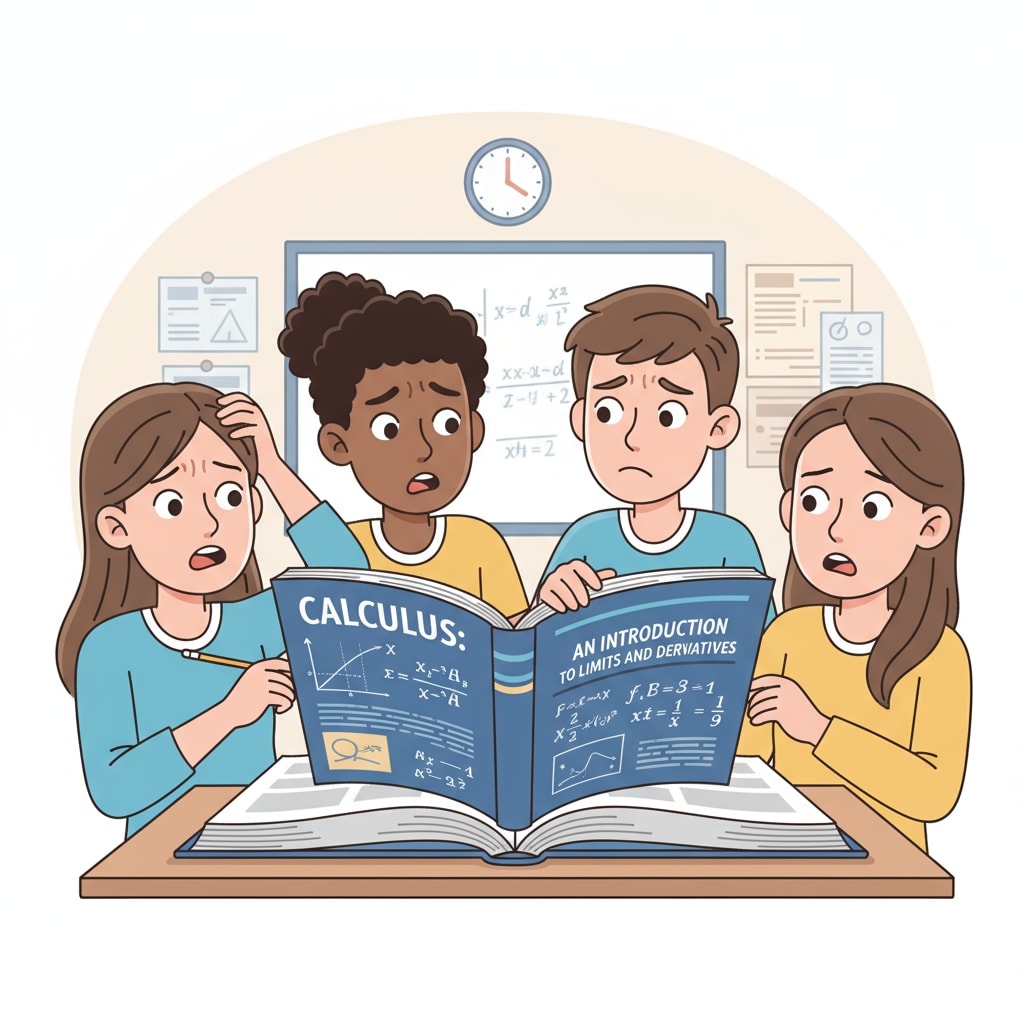 A group of high school freshmen looking at calculus textbooks with confused expressions. High school freshmen showing confusion about calculus textbooks due to parental expectations