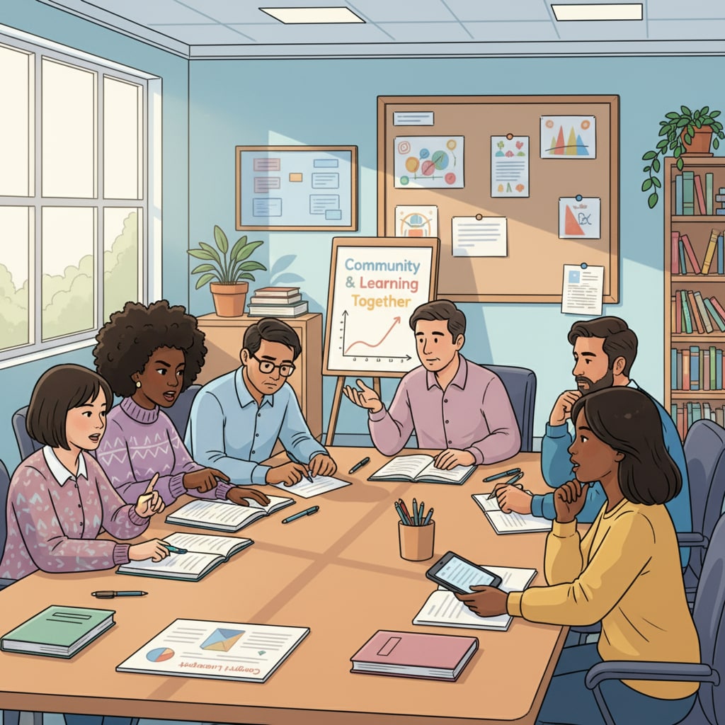 A group of non-white parents and teachers are engaged in a discussion in a school meeting room, showing their interest in education. Non-white parents and teachers discussing educational matters related to curriculum design