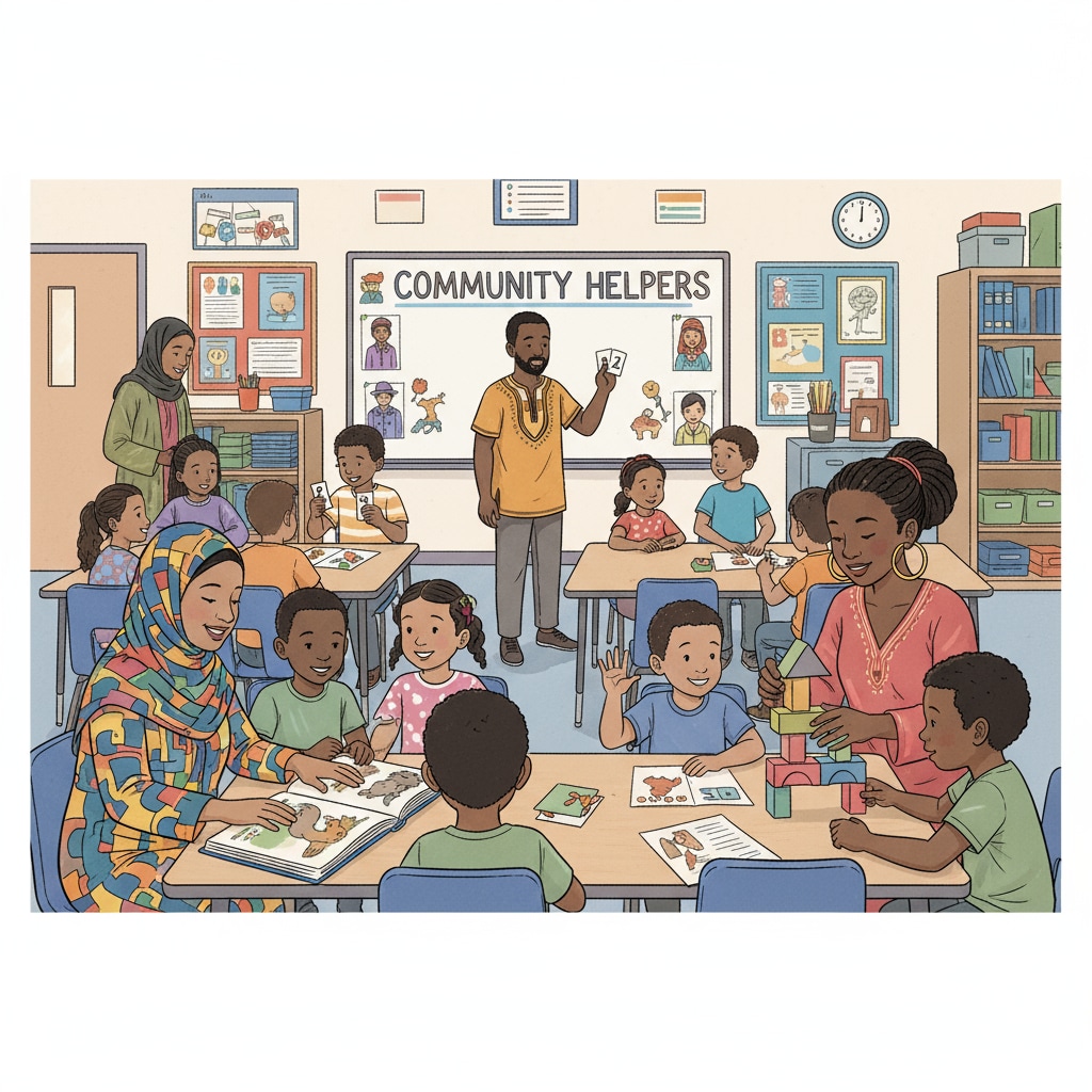 Non-white parents are actively participating in classroom activities, helping students with their learning. Non-white parents volunteering in a classroom to support educational engagement