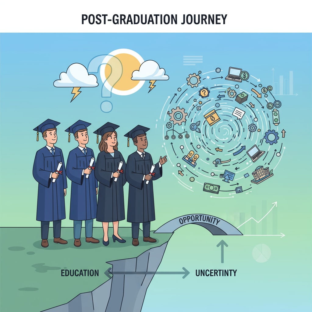 A group of graduates are seen holding their diplomas and looking expectantly at the job market, symbolizing their hopes and uncertainties regarding post-graduation employment. Graduates' anticipation for post-graduation employment related to their university grades