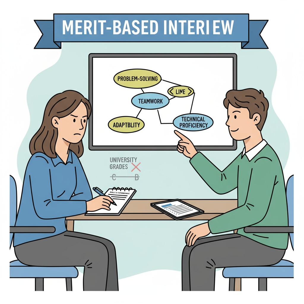 An employer is interviewing a candidate. The employer's body language and expression suggest that they are focusing on the candidate's skills rather than just their university grades. Employer assessing a candidate's skills over university grades for post-graduation employment
