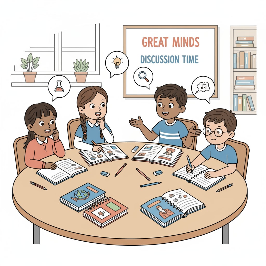 A group of K12 students are sitting around a table, discussing different subjects with books and notebooks in front of them. K12 students engaged in multidisciplinary discussion