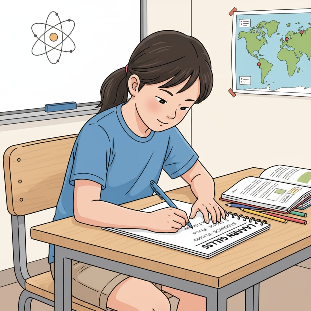 A student is sitting at a desk, writing down their learning goals on a notepad with a pen. Student setting learning goals for multidisciplinary learning