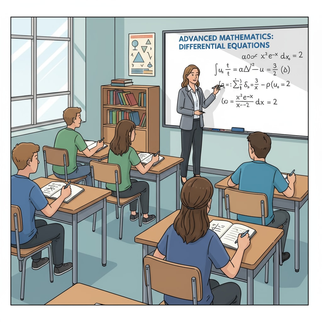 A classroom scene where students are learning advanced math. The teacher is writing complex formulas on the board, and students are taking notes and listening attentively. A classroom scene demonstrating the learning of advanced math in mathematics education, highlighting the disconnect with practicality.