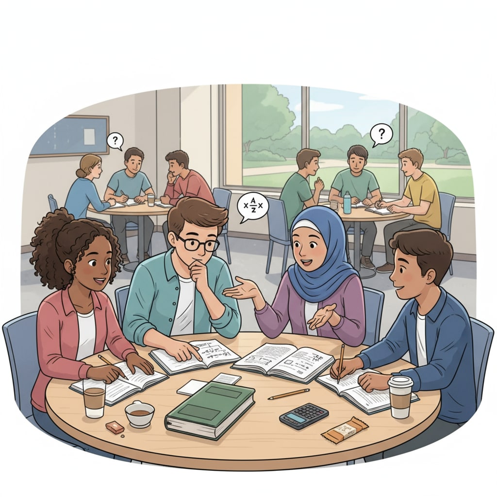 A group of students discussing math problems in a cafeteria. They are gathered around a table, pointing at textbooks and having animated conversations. Students discussing math problems in a cafeteria, showing the practical side of mathematics education.