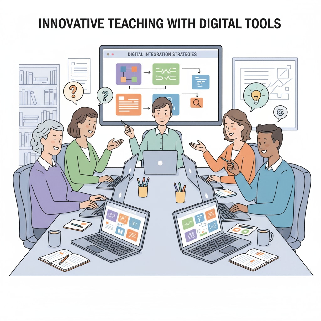 A group of teachers are gathered around a table, using digital teaching tools on their laptops. They are looking at various lesson plans and activities on the screen, discussing how to incorporate them into their teaching. Teachers using digital teaching tools for enhanced time management and teacher efficiency