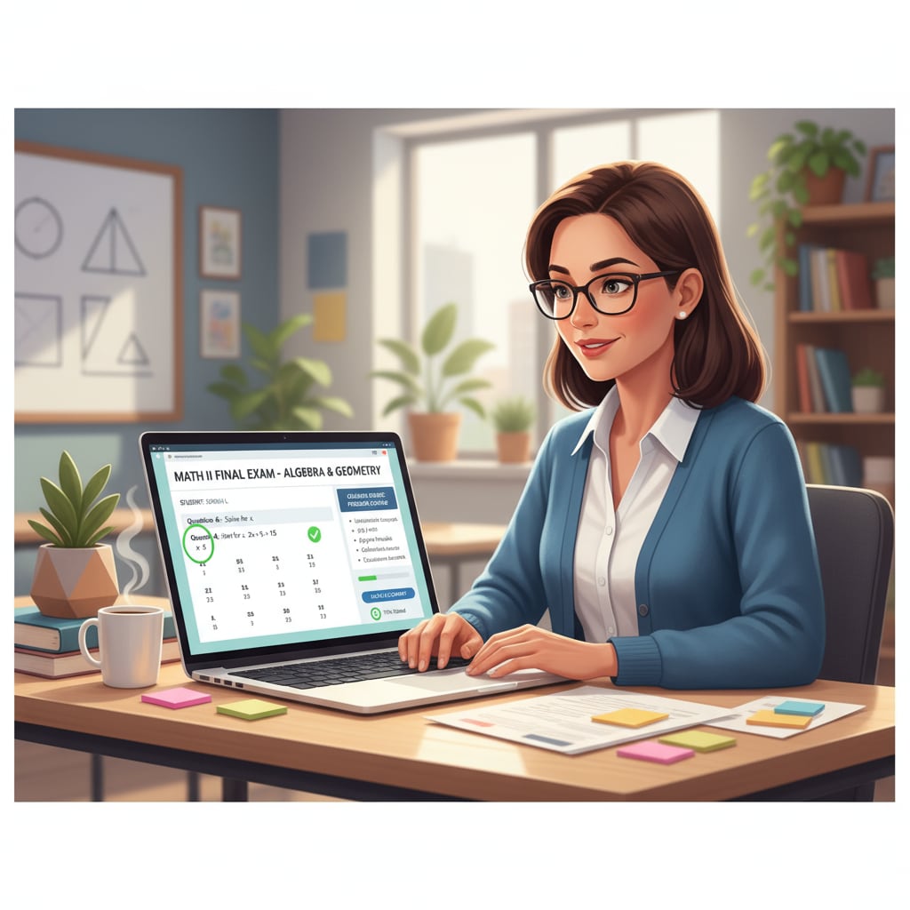 A teacher is sitting at a desk, grading student assignments on a computer using an online assessment tool. The screen shows the assignment details, rubrics, and automated grading options. Teacher using an online assessment tool for efficient grading to improve teacher efficiency and time management