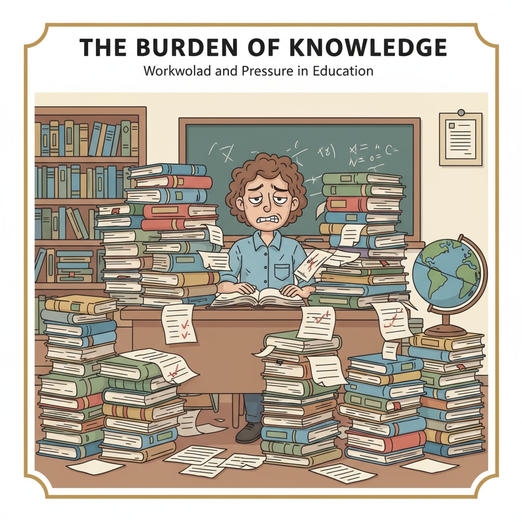 A teacher is surrounded by piles of textbooks and papers, with a stressed expression on their face, symbolizing the heavy workload and pressure they face. A stressed teacher surrounded by work materials, related to educators' work support and teaching enthusiasm