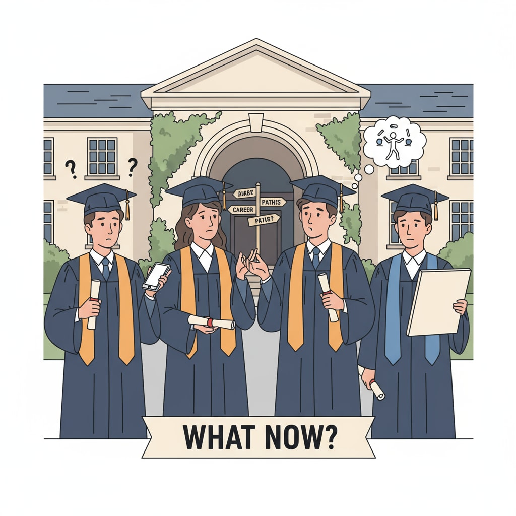 A group of liberal arts graduates are standing in front of a campus building, looking a bit confused with their diplomas in hand, symbolizing their uncertainty about future careers. Liberal arts graduates facing employment dilemmas and considering career transitions