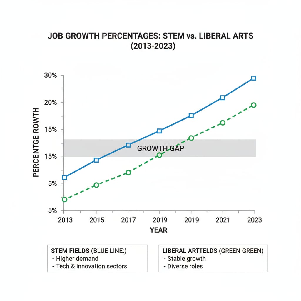 A graph presenting the contrast in job growth percentages between STEM and liberal arts fields over the past decade, highlighting the different employment landscapes. Graph showing job growth disparities between STEM and liberal arts for graduates exploring career transitions