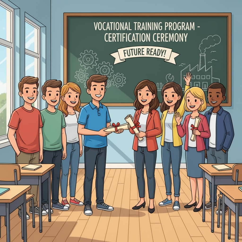 A classroom scene where students are receiving vocational certificates. Students are lined up, and a teacher is handing out certificates, with smiles on their faces, indicating a sense of achievement. K12 students receiving vocational certificates to enhance their employability and educational value.